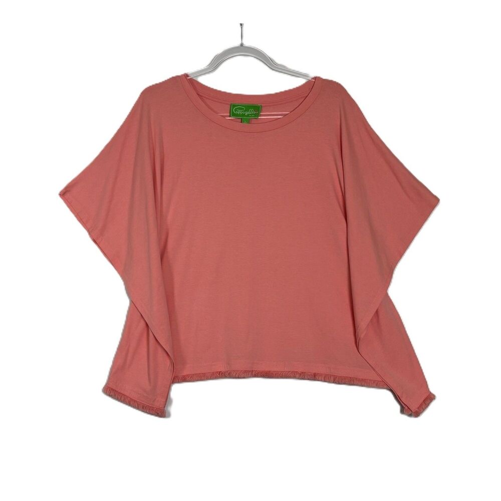 Pappagallo Tania Women Large Poncho Top Coral Pink Fringed Dolman Sleeve Cotton